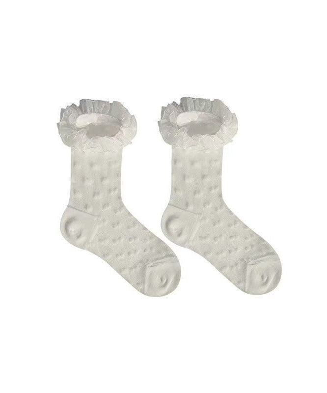 Chic White Ruffled Jacquard Lace Crew Socks