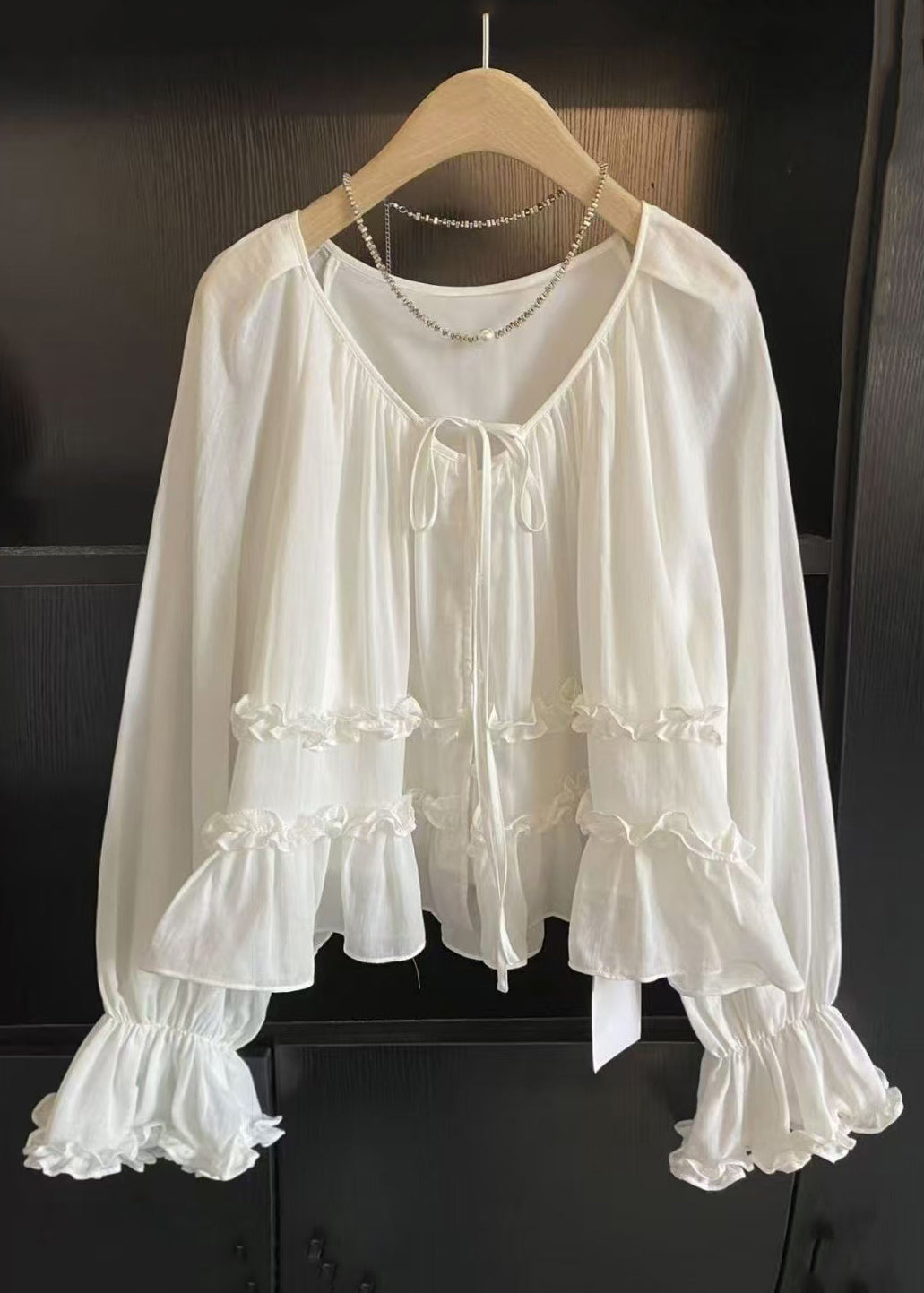 Chic White Ruffled Lace Up Cotton Shirts Fall