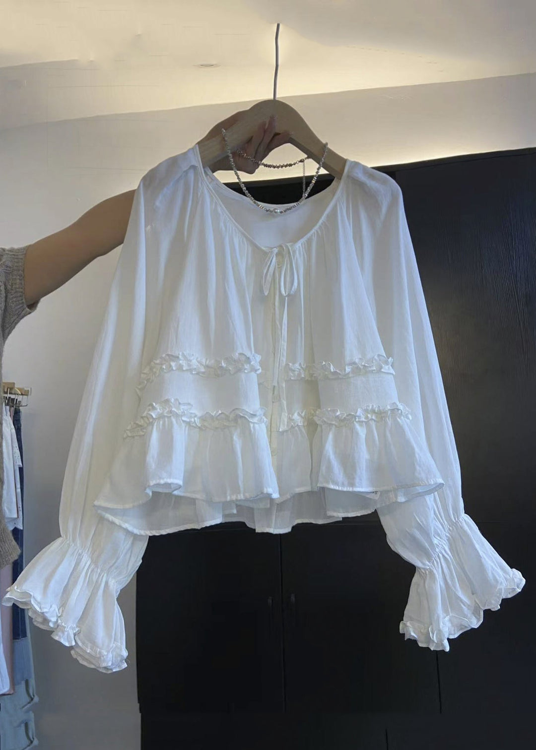 Chic White Ruffled Lace Up Cotton Shirts Fall