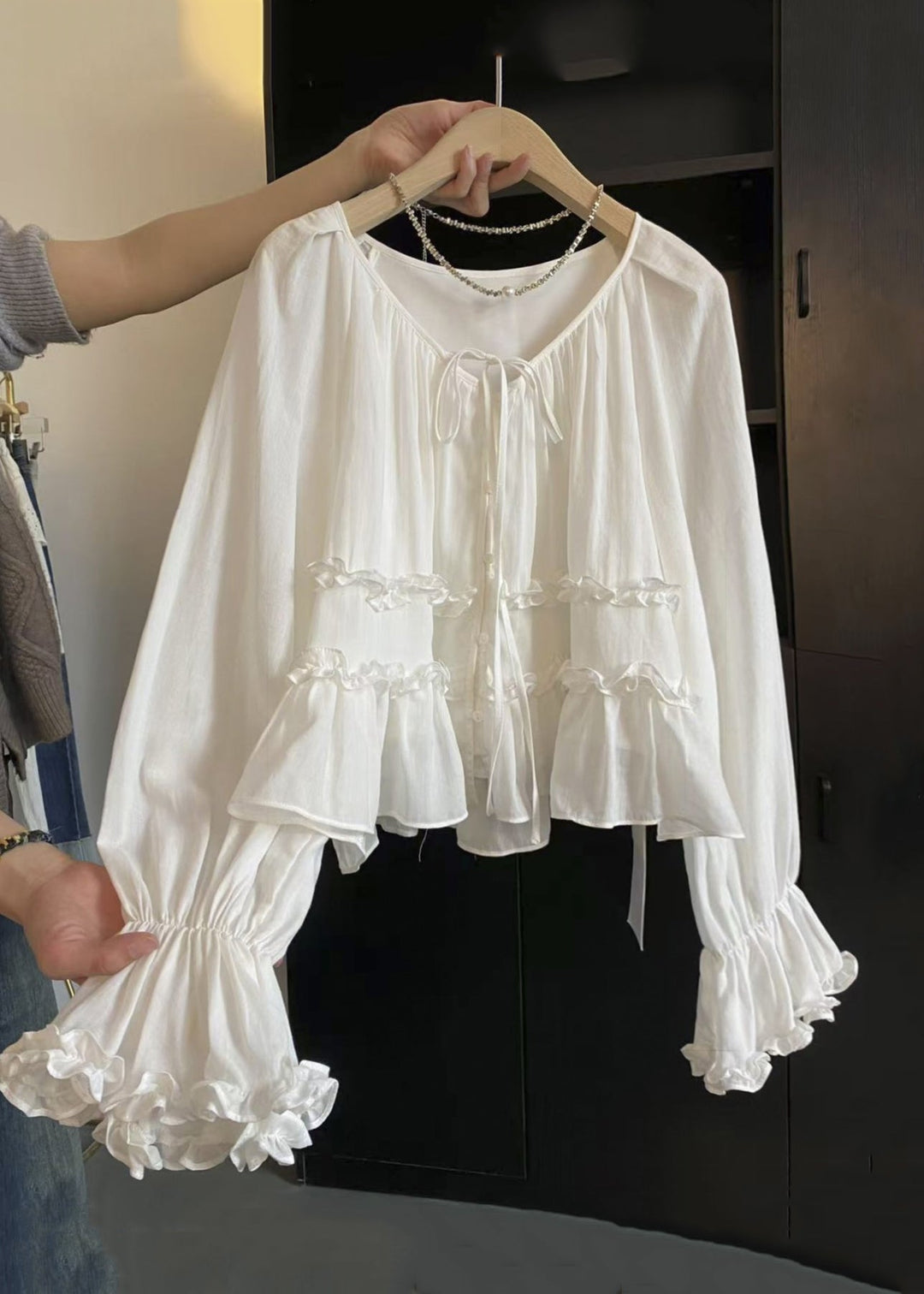 Chic White Ruffled Lace Up Cotton Shirts Fall