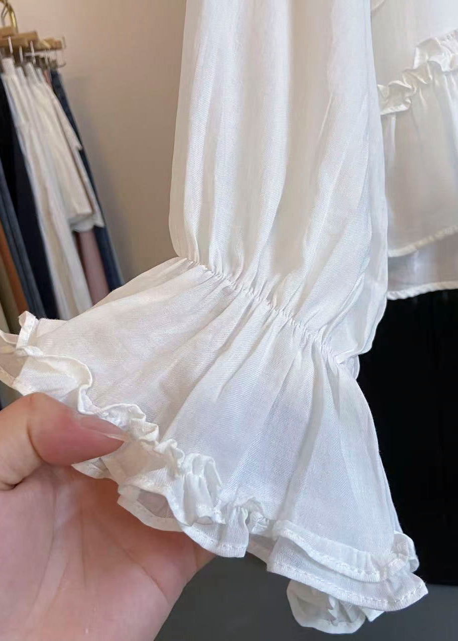 Chic White Ruffled Lace Up Cotton Shirts Fall