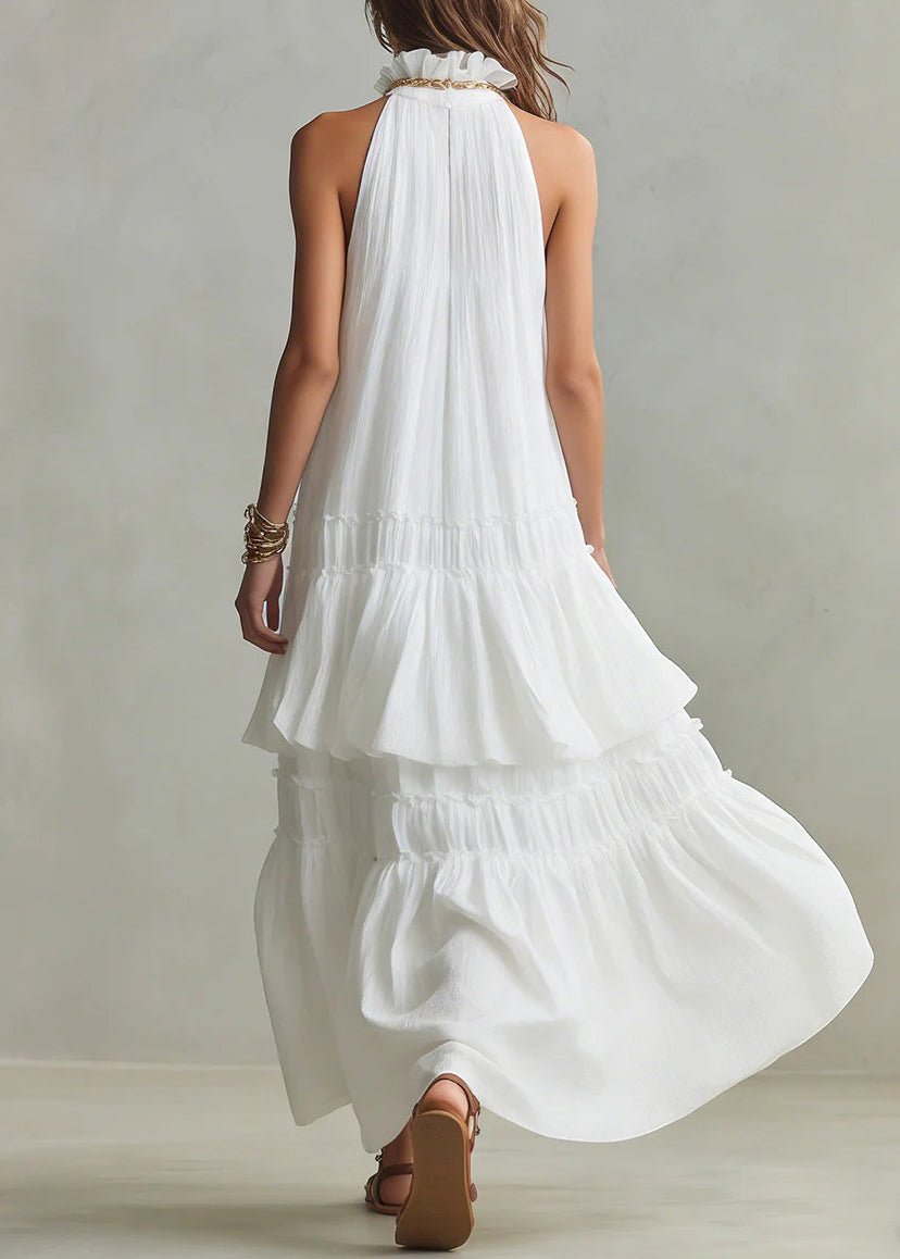 Chic White Ruffled Patchwork Cotton Maxi Dresses Sleeveless