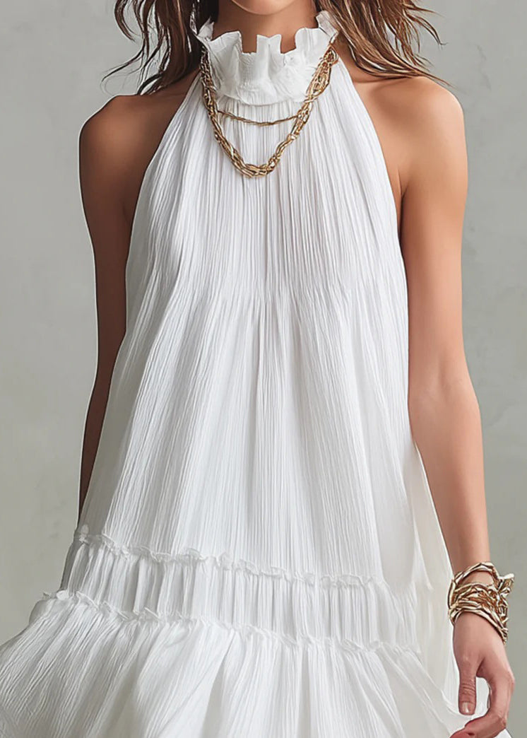 Chic White Ruffled Patchwork Cotton Maxi Dresses Sleeveless