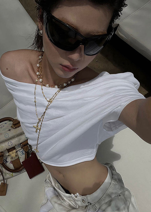 Chic White Slash Neck Asymmetrical Cotton T Shirt Tops Summer