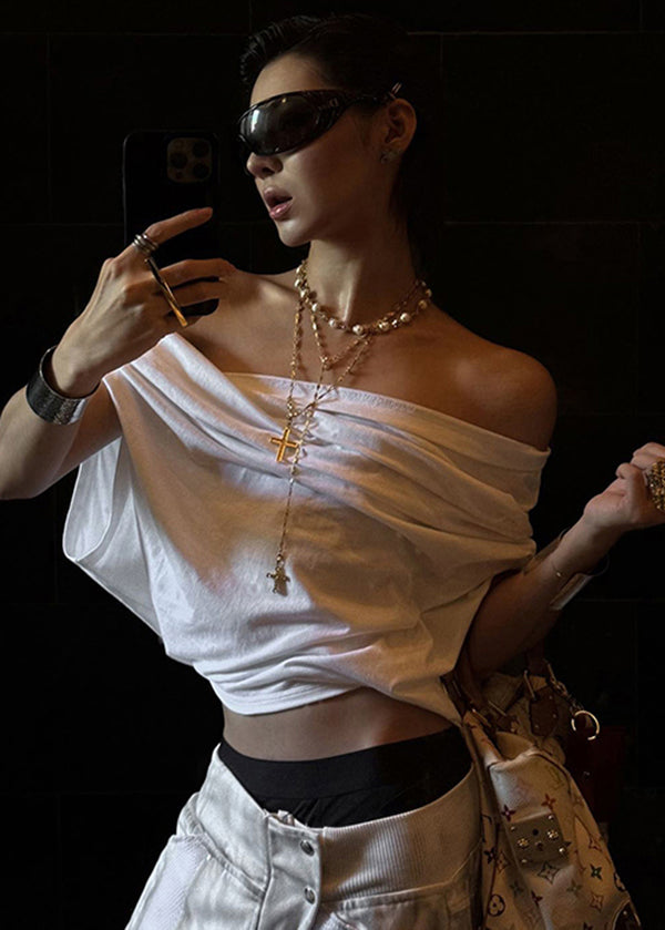 Chic White Slash Neck Asymmetrical Cotton T Shirt Tops Summer