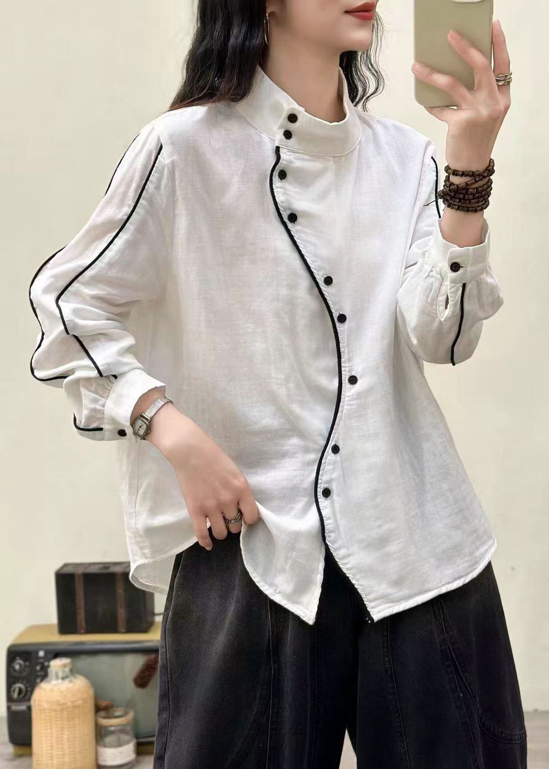 Chic White Stand Collar Button Cotton Blouses Spring