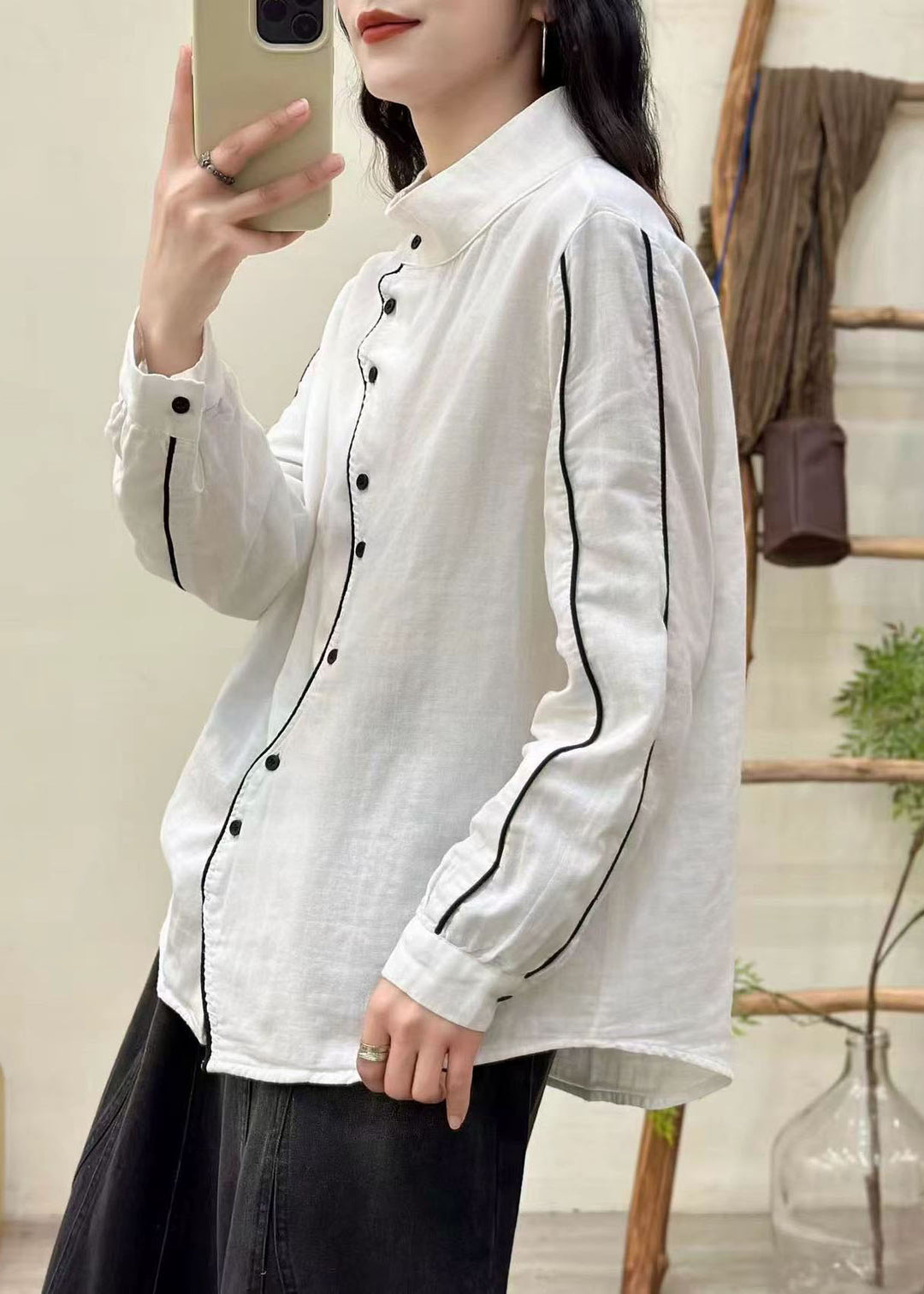 Chic White Stand Collar Button Cotton Blouses Spring