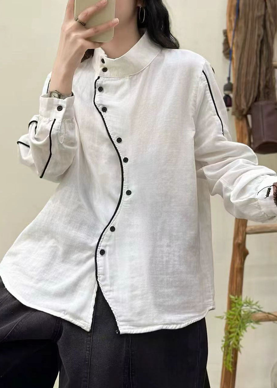 Chic White Stand Collar Button Cotton Blouses Spring