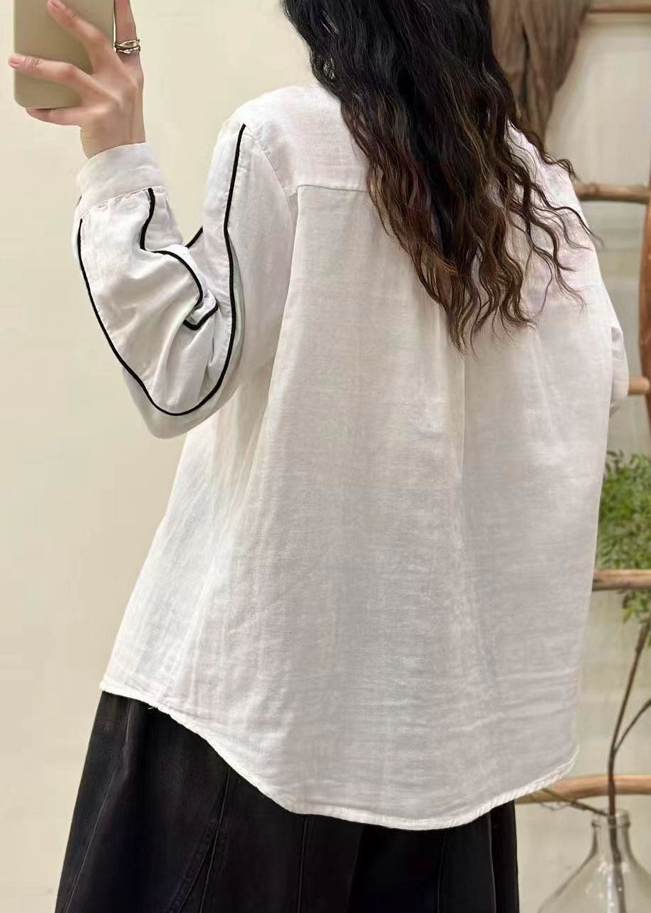 Chic White Stand Collar Button Cotton Blouses Spring