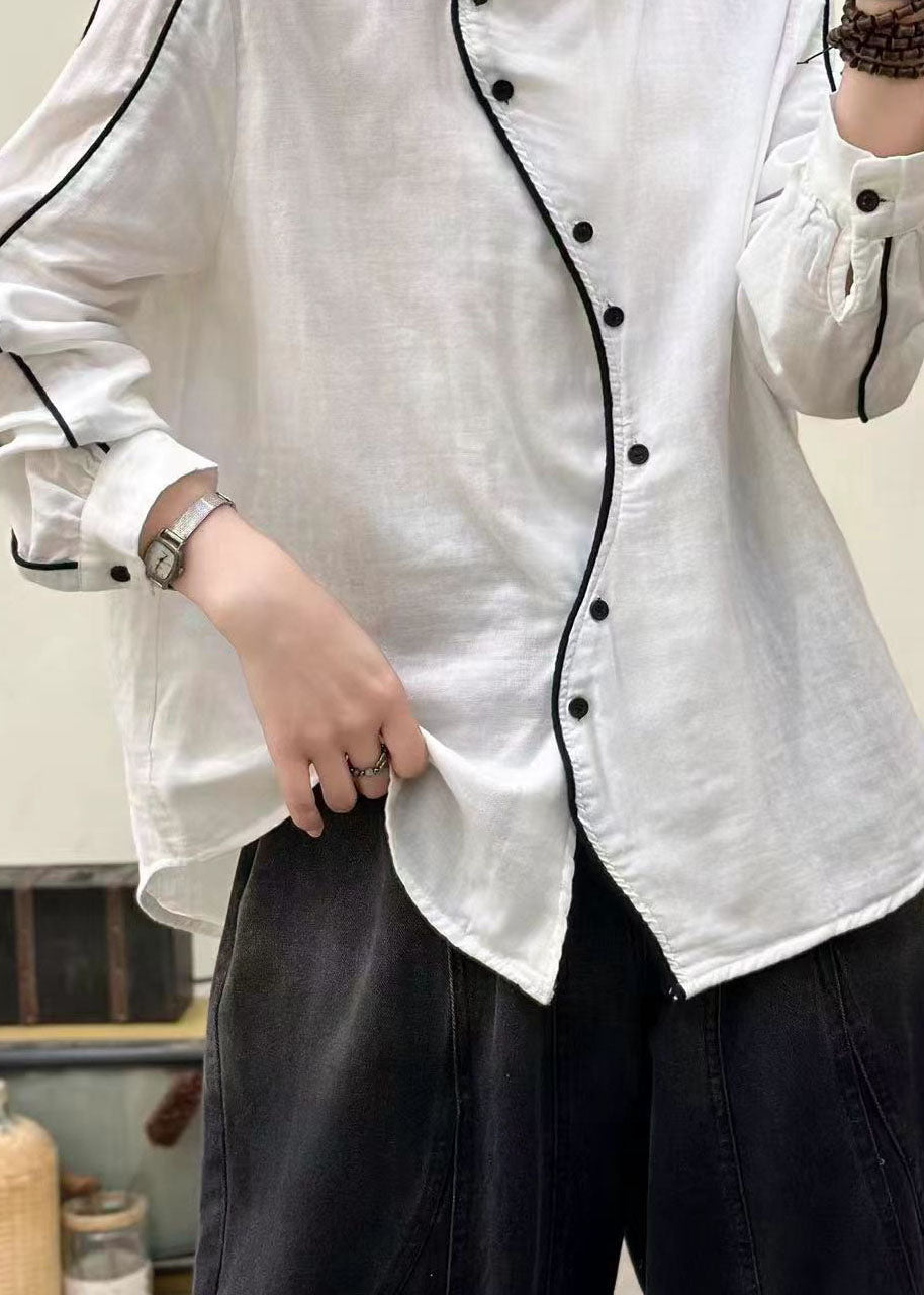 Chic White Stand Collar Button Cotton Blouses Spring