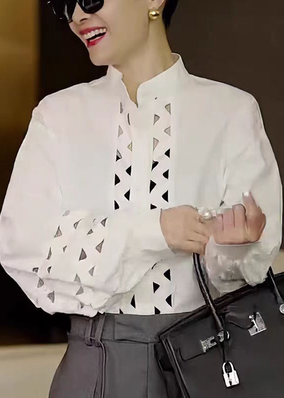 Chic White Stand Collar Hollow Out Cotton Shirt Tops Fall