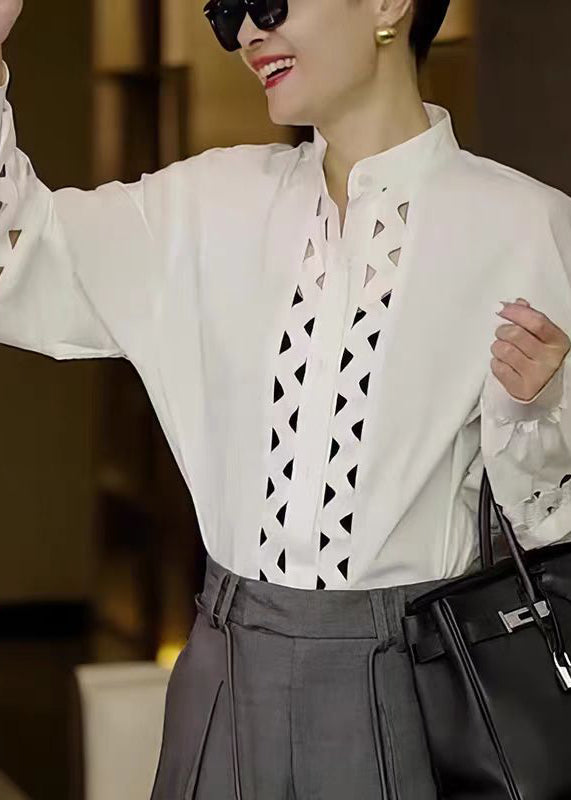 Chic White Stand Collar Hollow Out Cotton Shirt Tops Fall