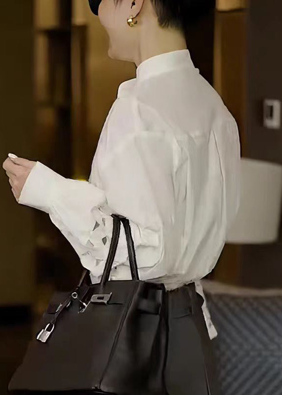 Chic White Stand Collar Hollow Out Cotton Shirt Tops Fall