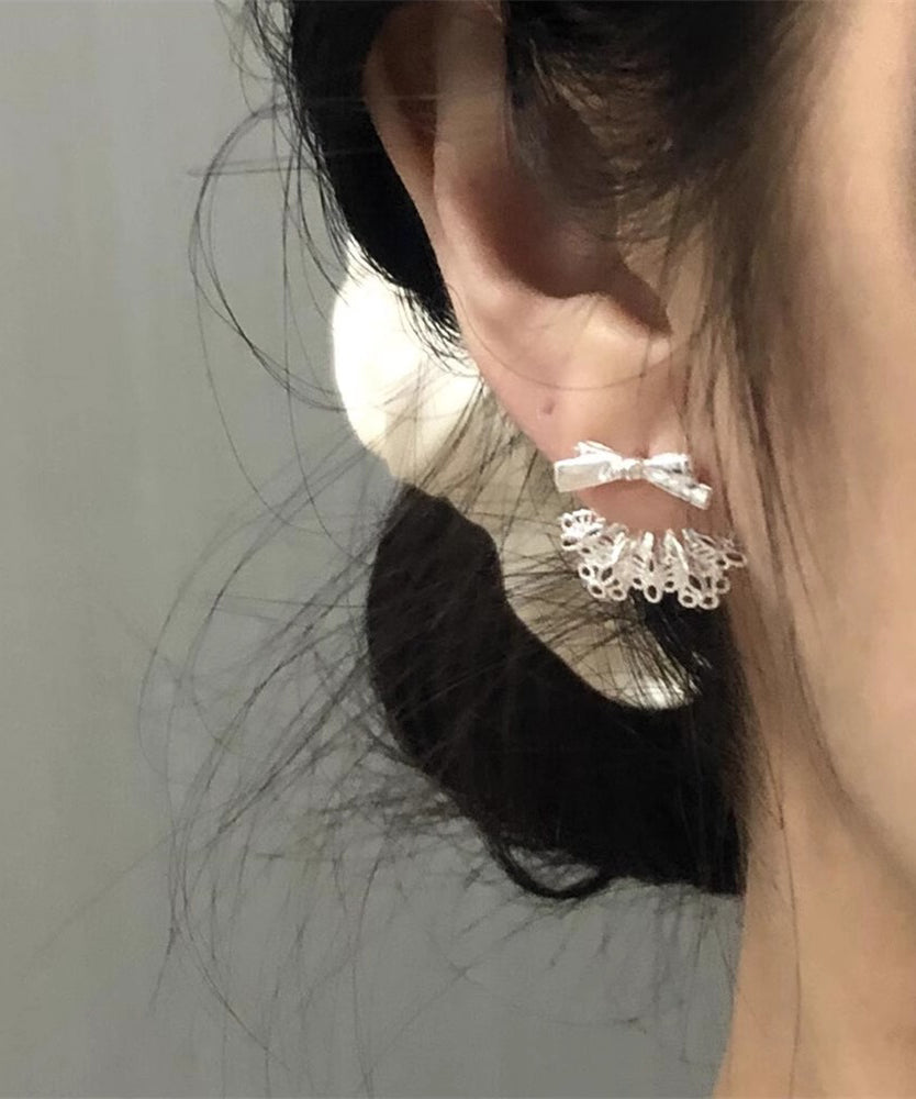 Chic White Sterling Silver Alloy Bow Lace Patchwork Stud Earrings