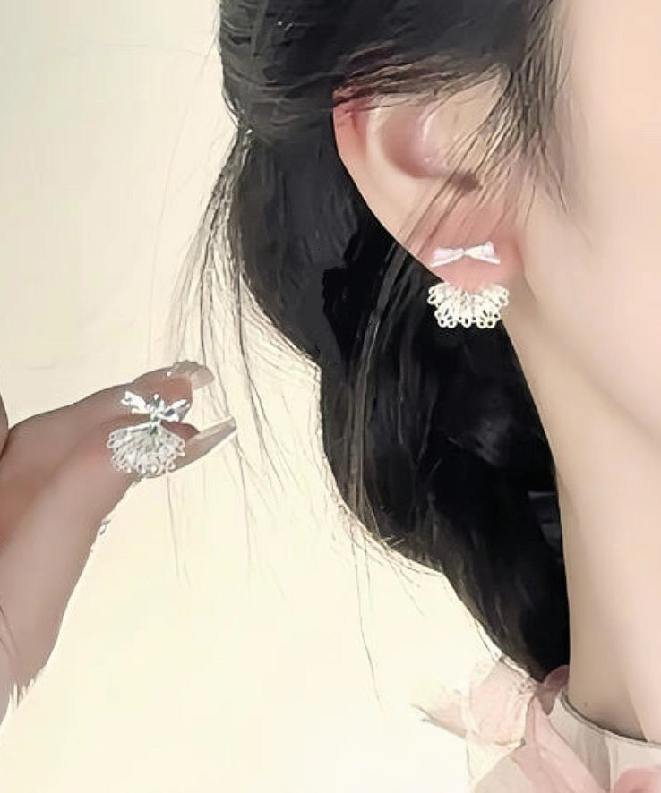 Chic White Sterling Silver Alloy Bow Lace Patchwork Stud Earrings