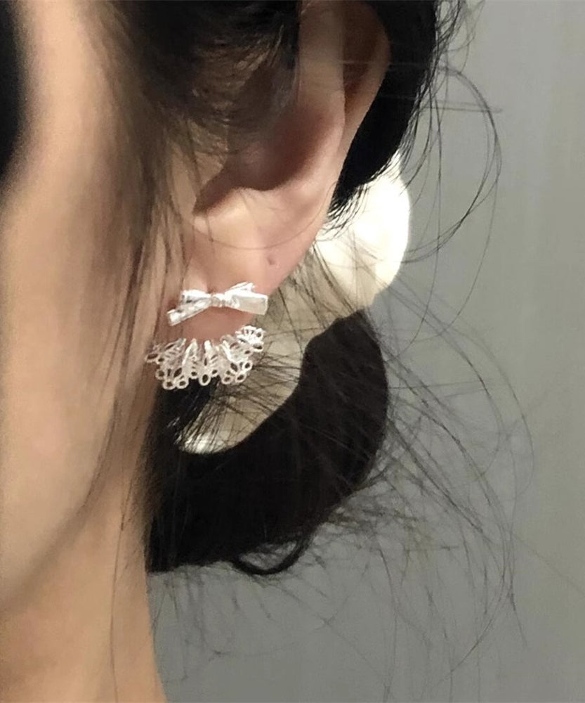 Chic White Sterling Silver Alloy Bow Lace Patchwork Stud Earrings