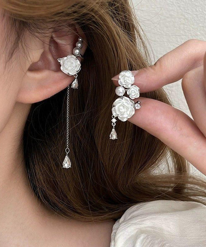 Chic White Sterling Silver Asymmetrical Rose Tassel Drop Earrings