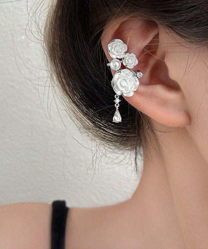 Chic White Sterling Silver Asymmetrical Rose Tassel Drop Earrings