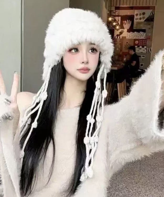 Chic White Tassel Rabbit Wool Knit Bonnie Hat