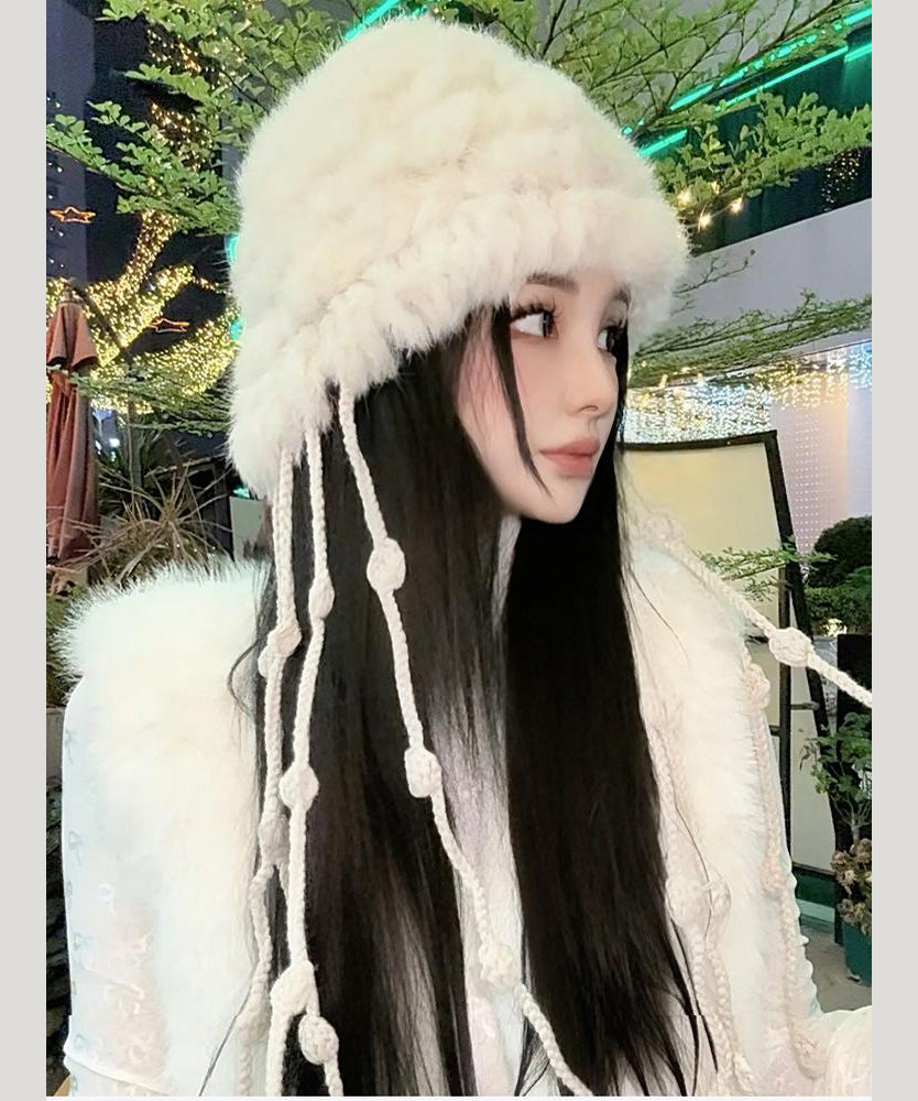 Chic White Tassel Rabbit Wool Knit Bonnie Hat