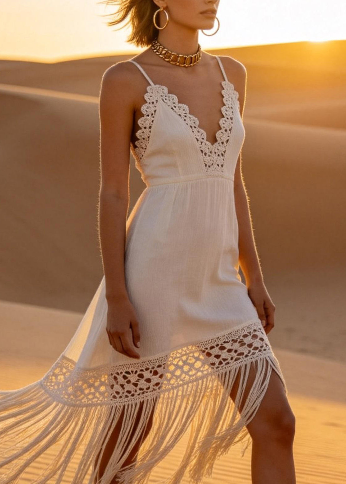 Chic White Tasseled Patchwork Cotton Spaghetti Strap Summer - Omychic