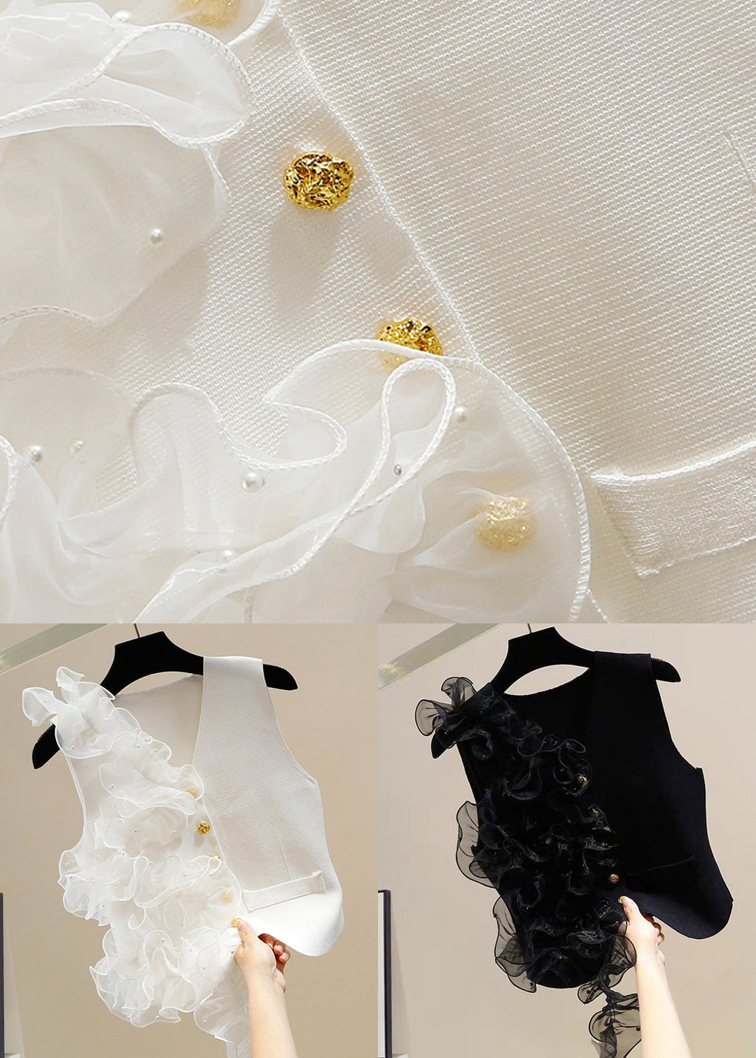 Chic White V Neck Button Tulle Patchwork Cotton Waistcoat Sleeveless