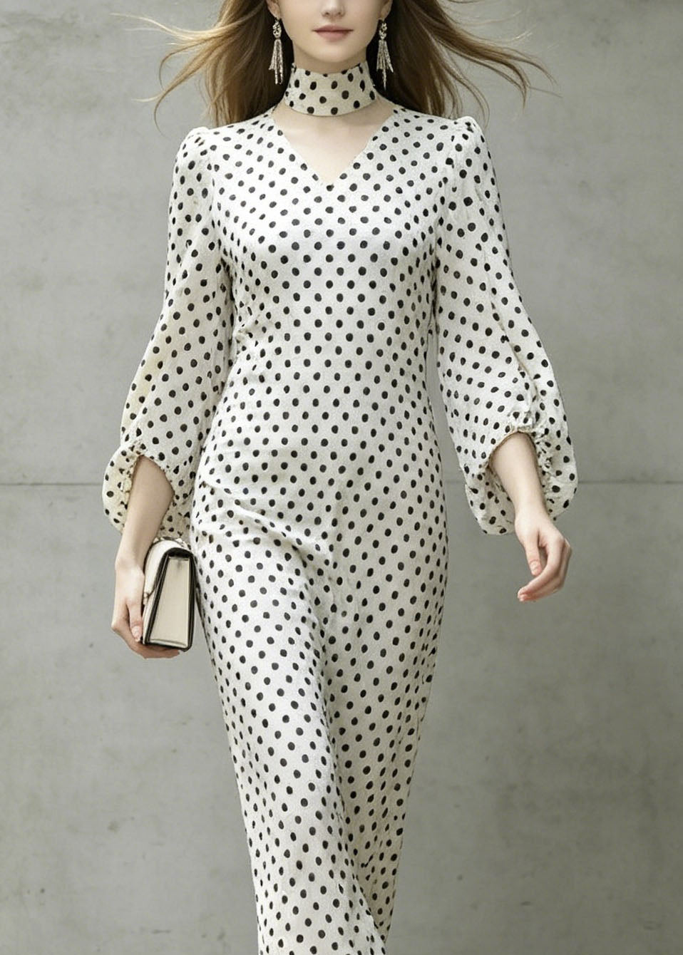 Chic White V Neck Dot Print Chiffon Dresses Lantern Sleeve