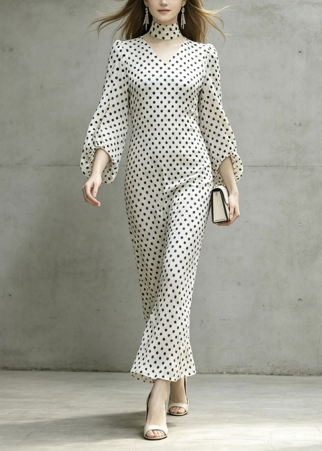 Chic White V Neck Dot Print Chiffon Dresses Lantern Sleeve