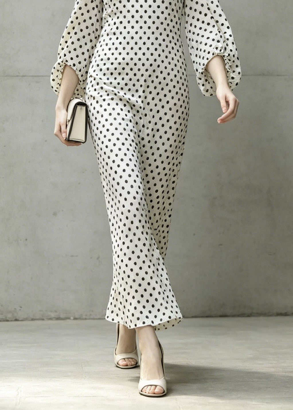 Chic White V Neck Dot Print Chiffon Dresses Lantern Sleeve