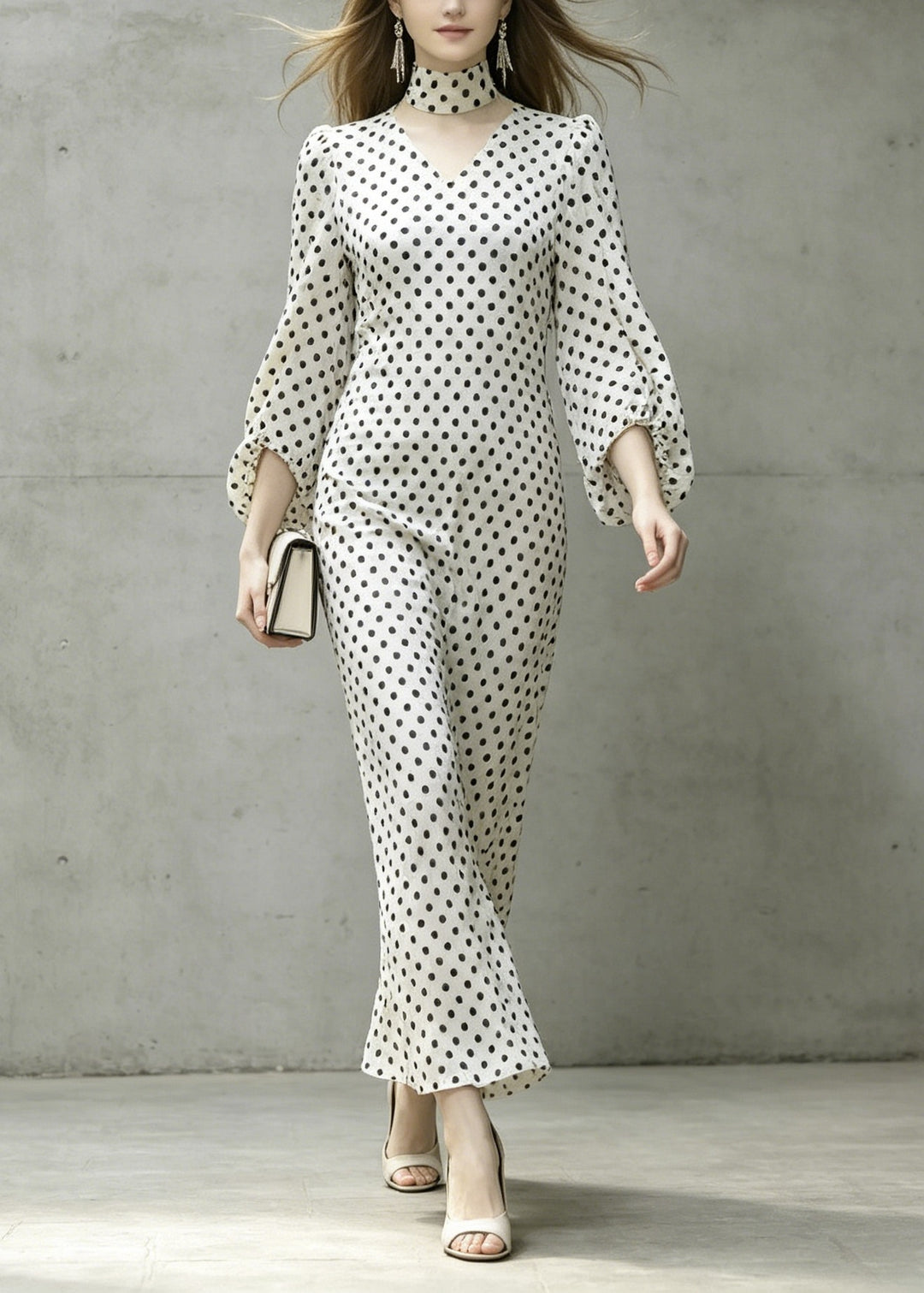 Chic White V Neck Dot Print Chiffon Dresses Lantern Sleeve