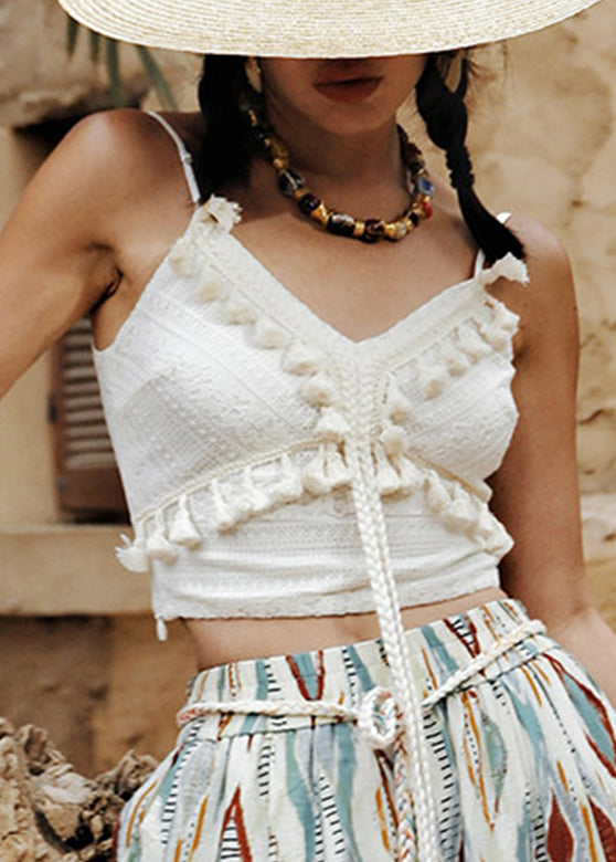 Chic White V Neck Embroidered Floral Tassel Top Sleeveless