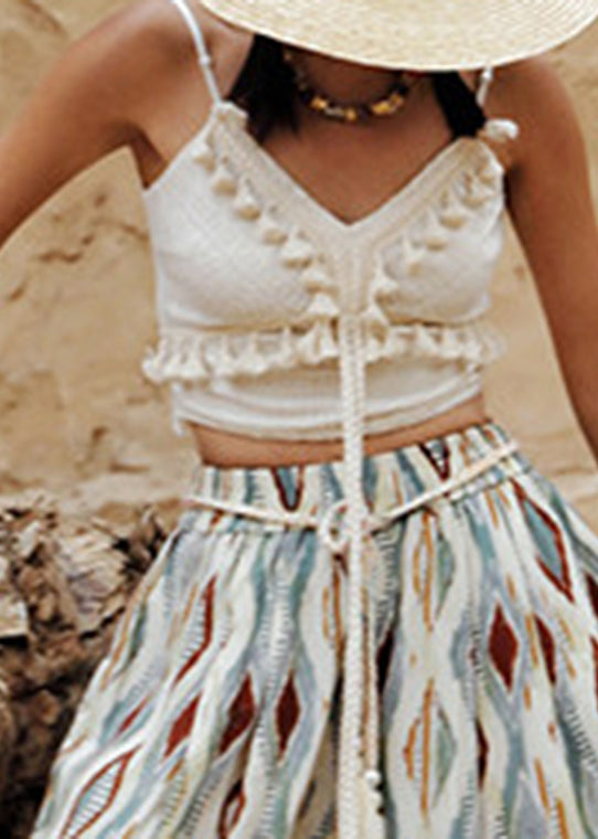 Chic White V Neck Embroidered Floral Tassel Top Sleeveless