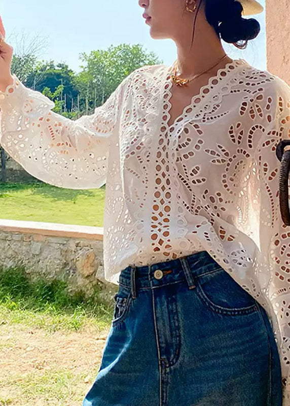 Chic White V Neck Embroidered Hollow Out Shirt Summer