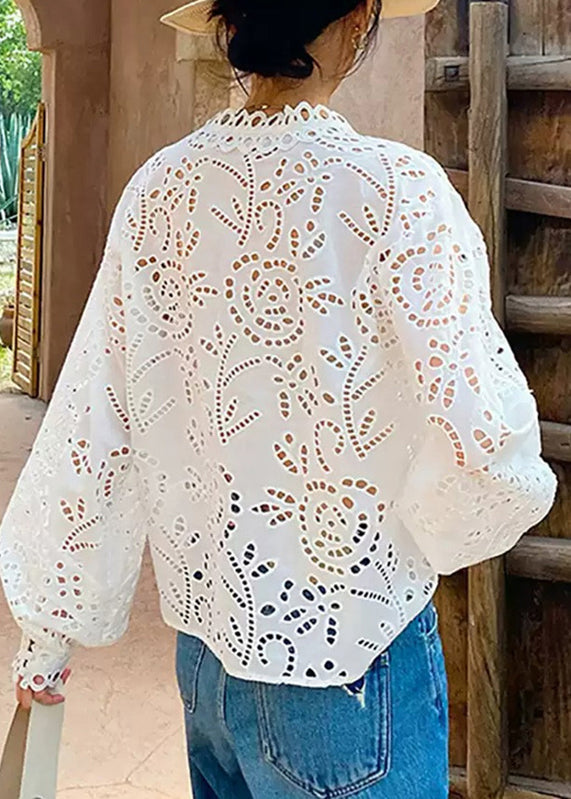 Chic White V Neck Embroidered Hollow Out Shirt Summer