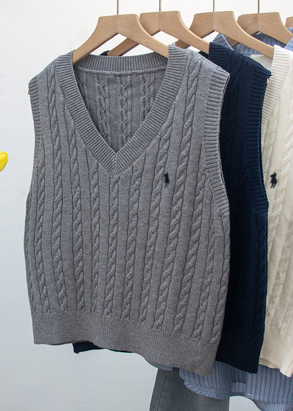 Chic White V Neck Embroideried Knit Vest Sleeveless
