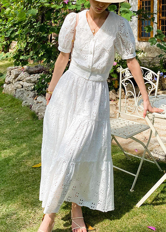 Chic White V Neck Hollow Out Cotton Tops And Skirts Two Pieces Set Summer