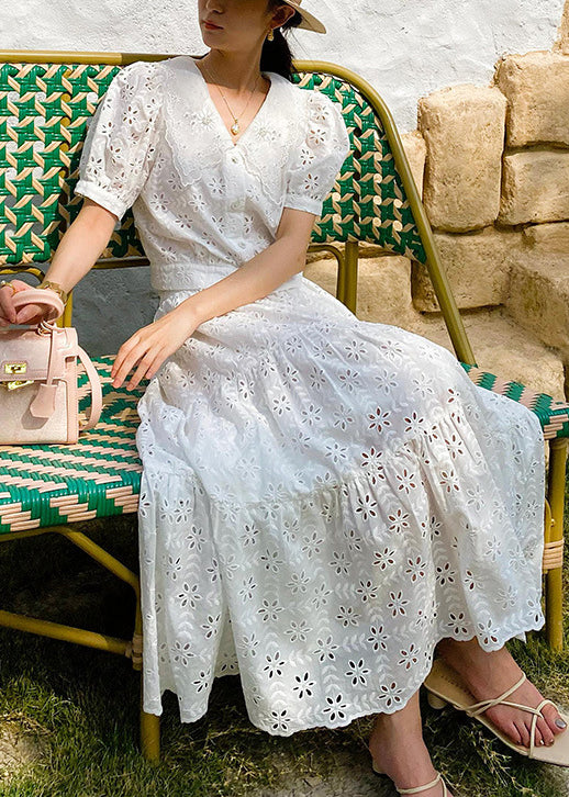 Chic White V Neck Hollow Out Cotton Tops And Skirts Two Pieces Set Summer