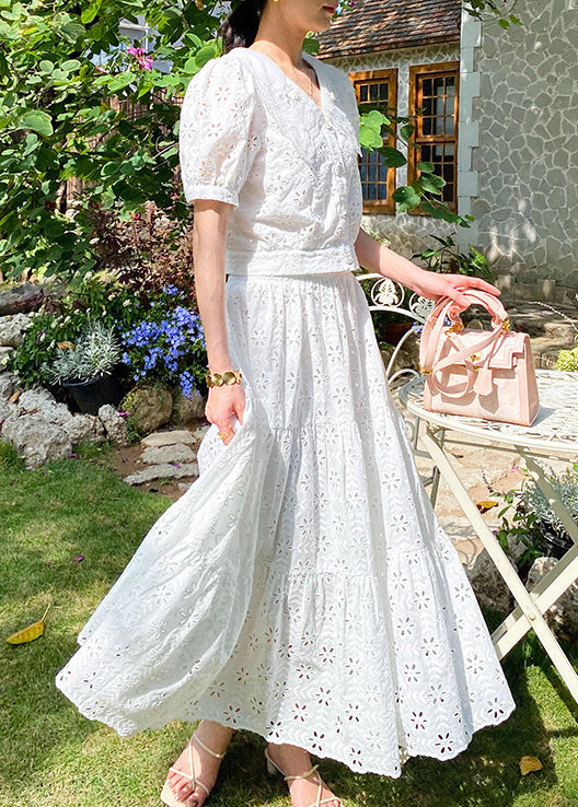Chic White V Neck Hollow Out Cotton Tops And Skirts Two Pieces Set Summer