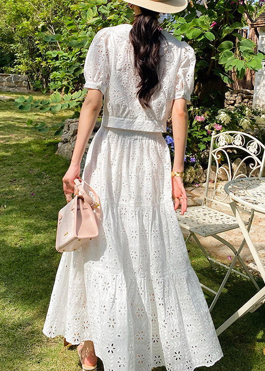 Chic White V Neck Hollow Out Cotton Tops And Skirts Two Pieces Set Summer