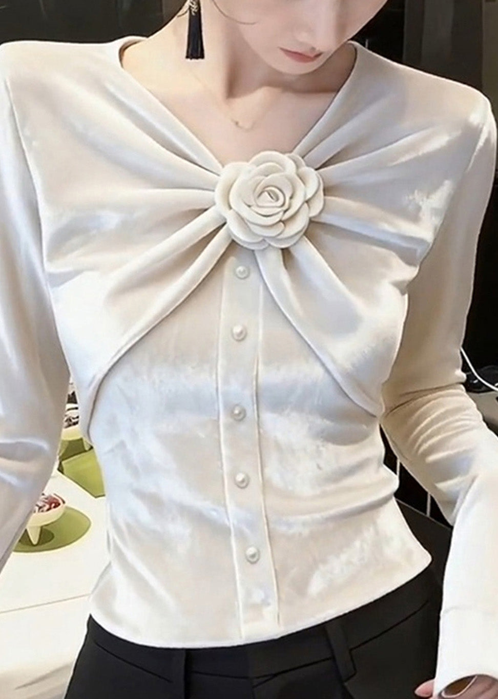 Chic White V Neck Rose Wrinkled Silk Velour Tops Fall
