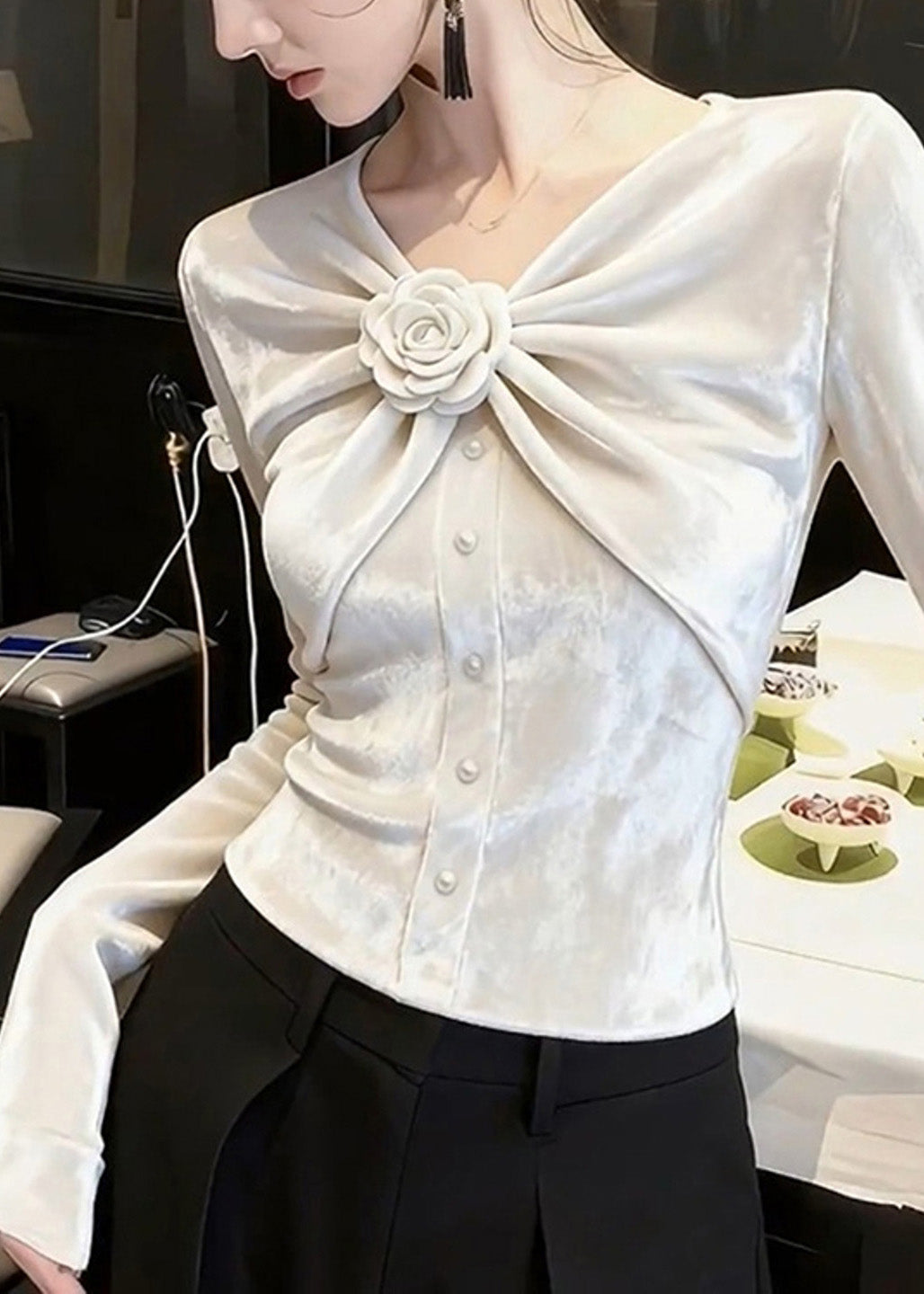 Chic White V Neck Rose Wrinkled Silk Velour Tops Fall