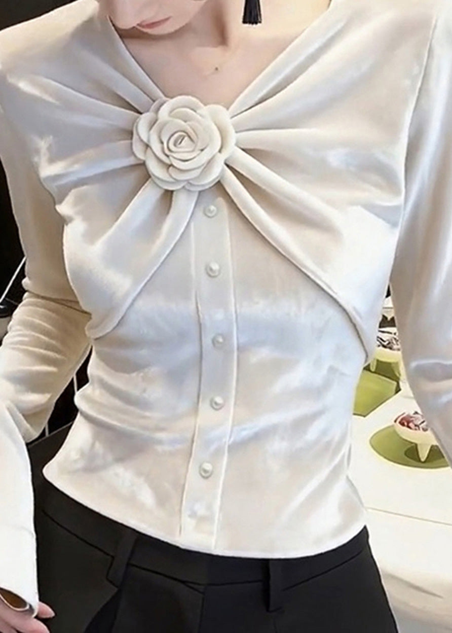 Chic White V Neck Rose Wrinkled Silk Velour Tops Fall