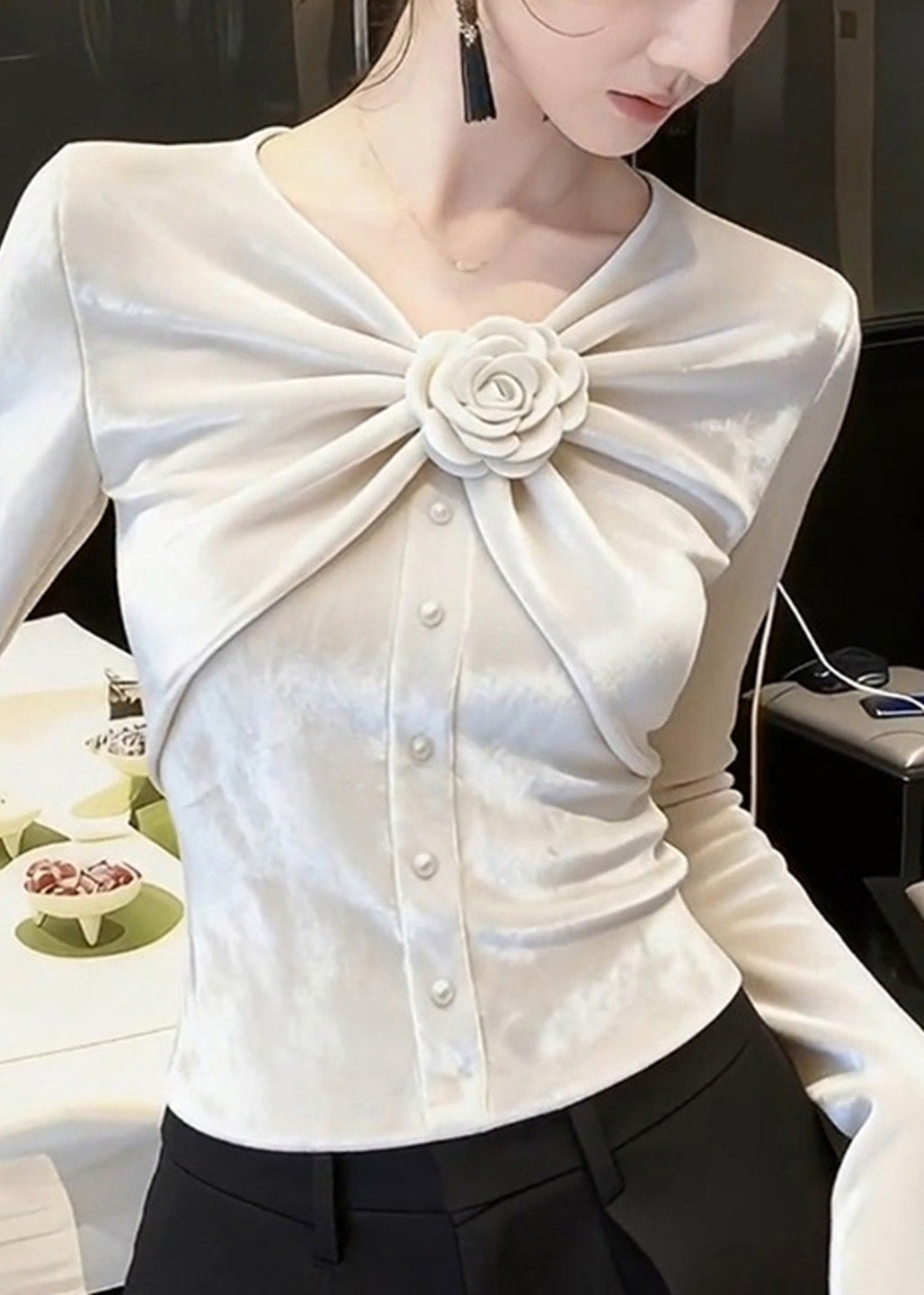 Chic White V Neck Rose Wrinkled Silk Velour Tops Fall