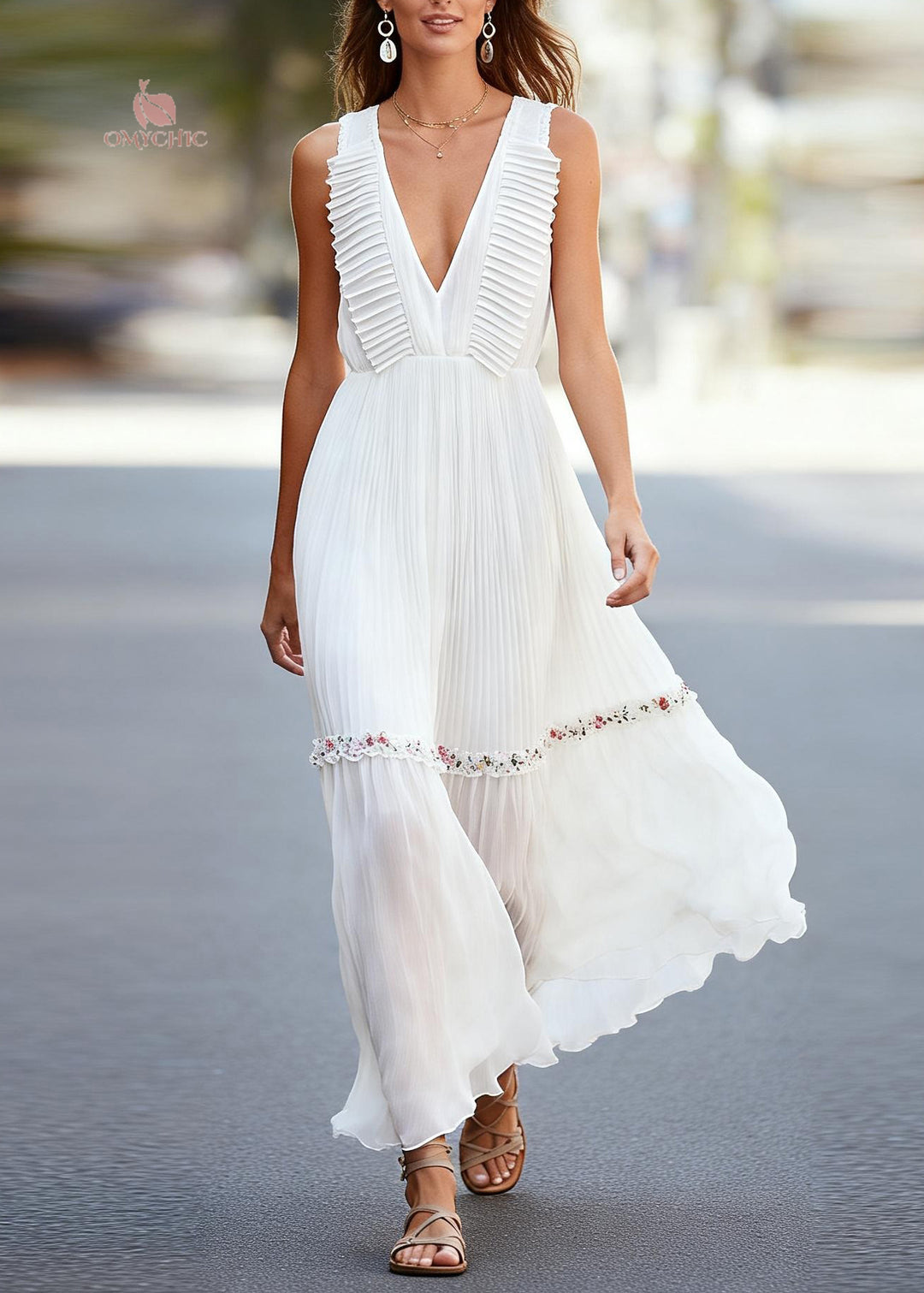 Chic White V Neck Ruffled Floral Chiffon Robe Dresses Sleeveless