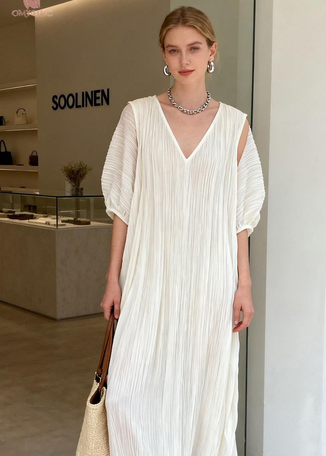 Chic White V Neck Wrinkled Patchwork Cotton Maxi Dresses Summer