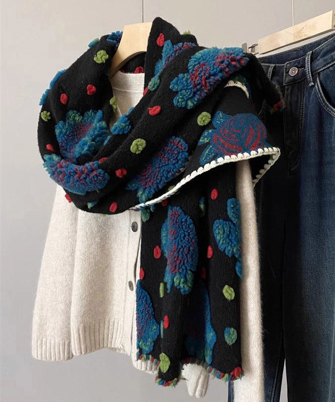 Chic Wool Blend Three-Dimensional Flower Embroidered Scarf