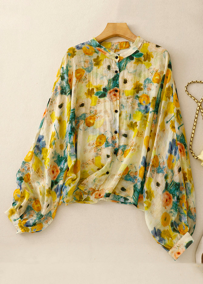 Chic Yellow Button Print Linen Shirt Lantern Sleeve