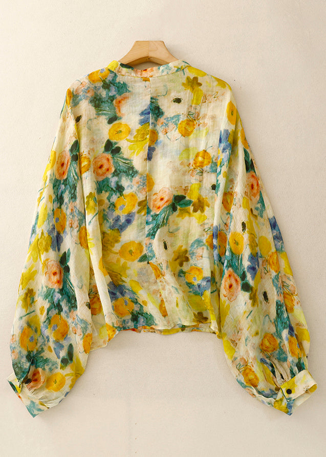Chic Yellow Button Print Linen Shirt Lantern Sleeve