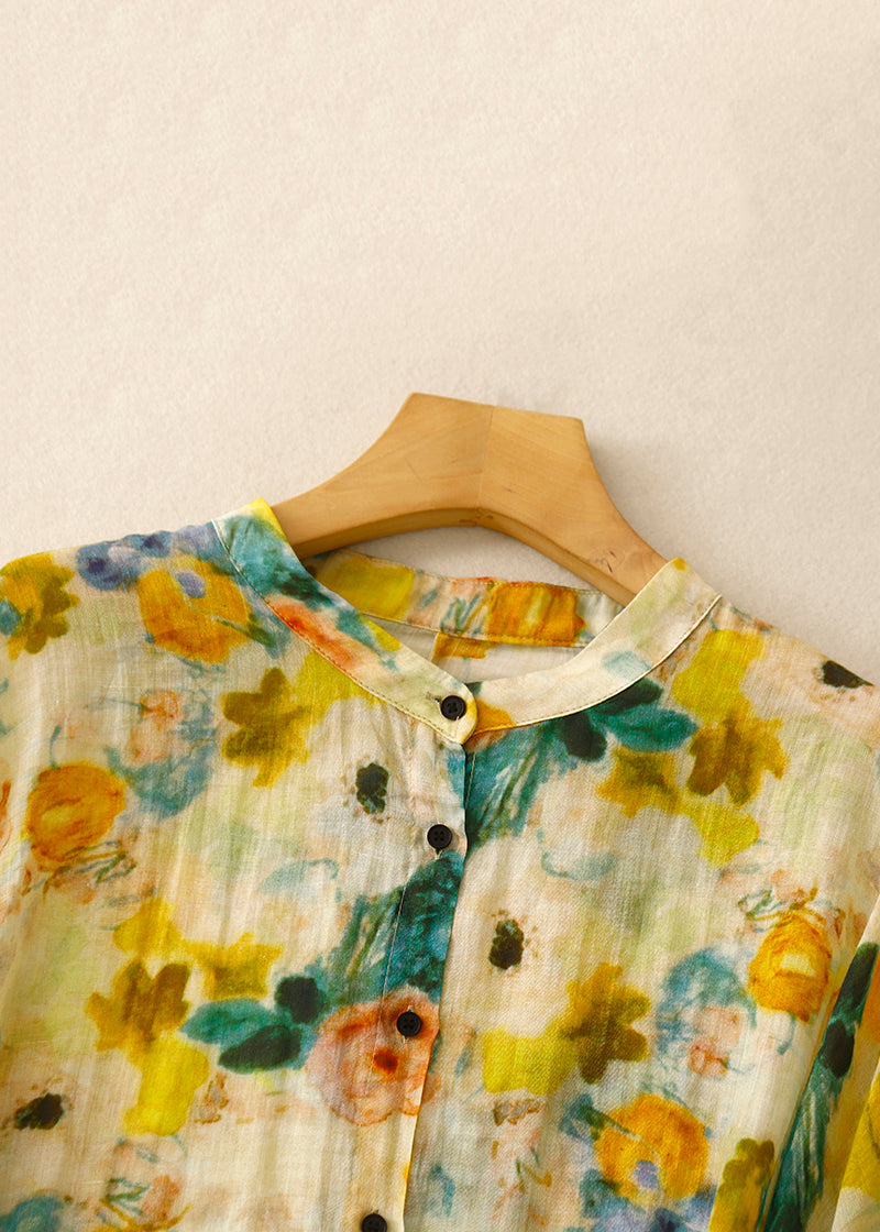 Chic Yellow Button Print Linen Shirt Lantern Sleeve