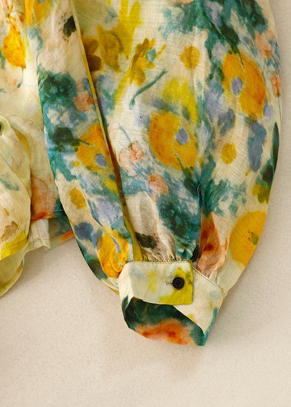 Chic Yellow Button Print Linen Shirt Lantern Sleeve